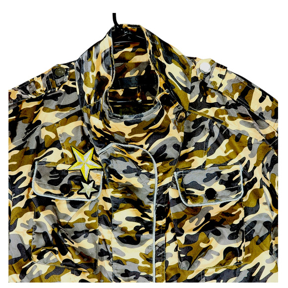 TOV sz 38 Holy G Satin Camo Shirt Jacket Women Diagonal Zip Front Army Green - Picture 9 of 15